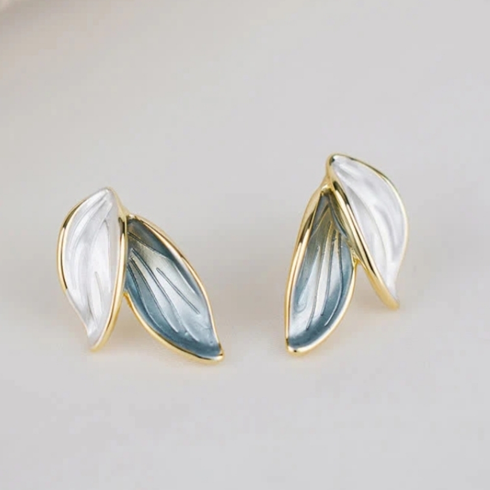 Double Leaf Enamel White and Blue Stud Earrings